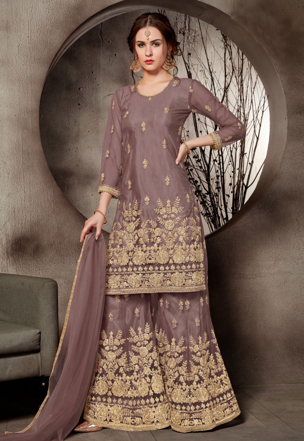 Brown Net Embroidered Sharara Suit 168749