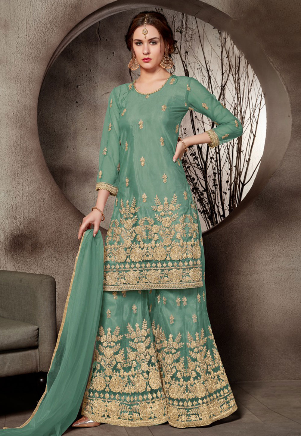 Sea Green Net Embroidered Sharara Suit 168750