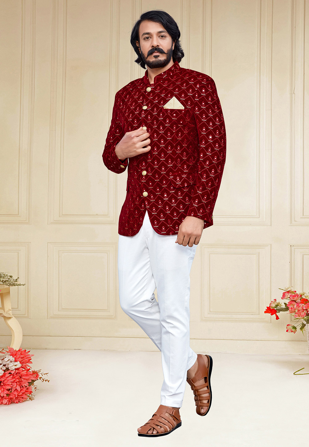 Maroon Velvet Jodhpuri Suit 249680
