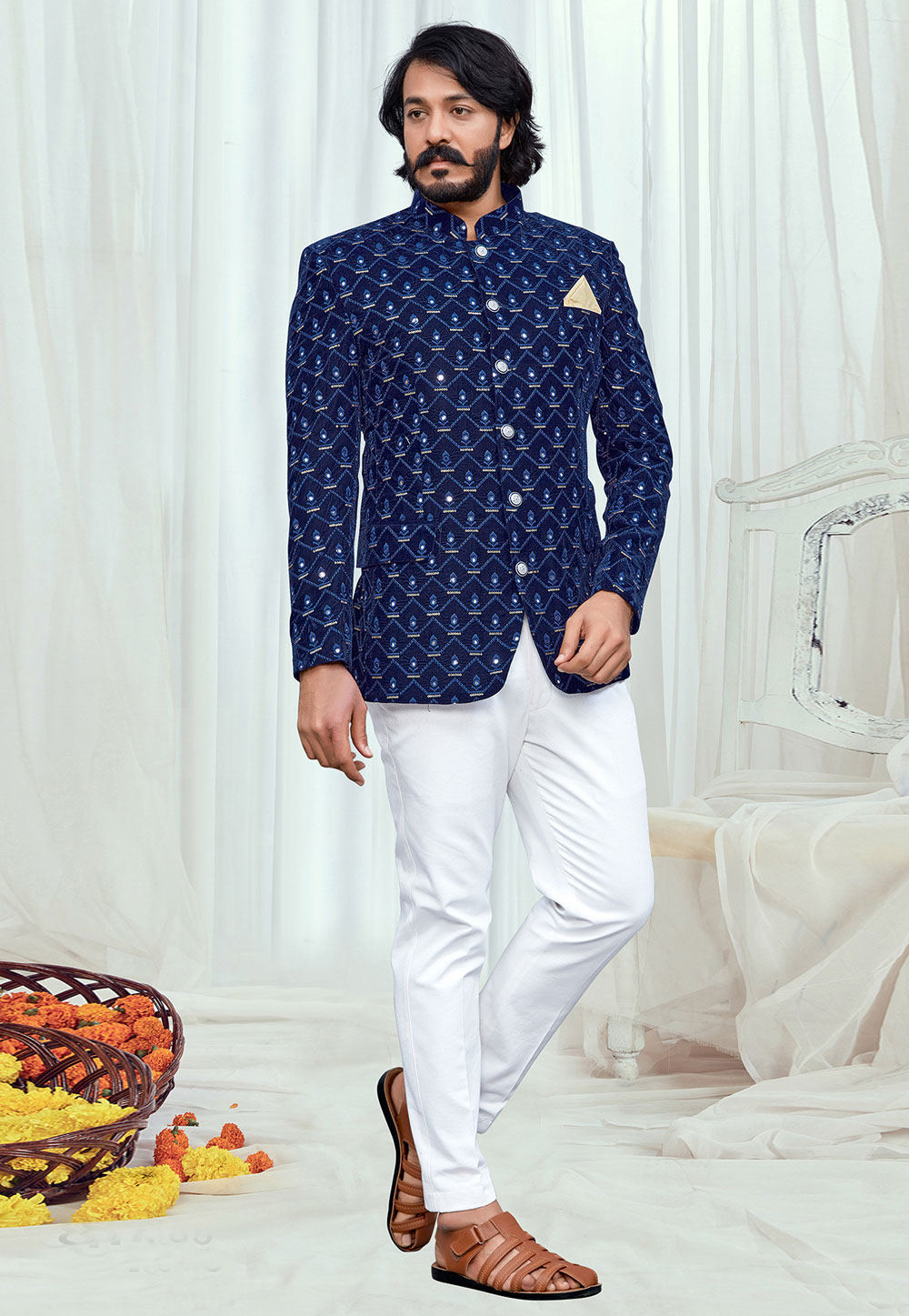 Navy Blue Velvet Jodhpuri Suit 249681