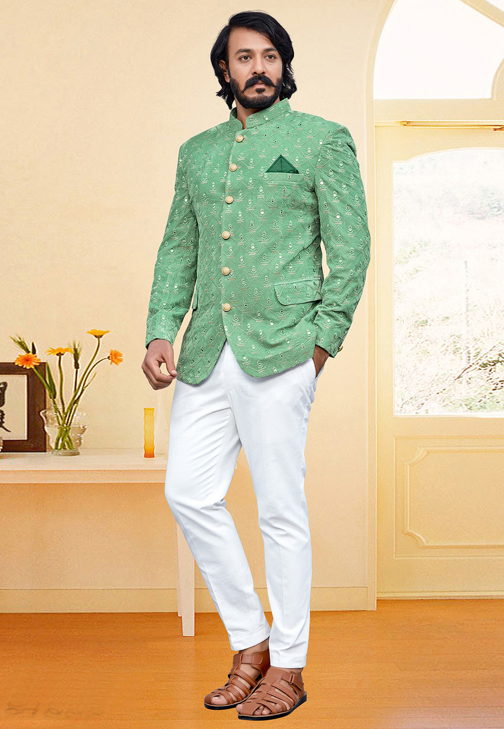 Pista Green Velvet Jodhpuri Suit 249682