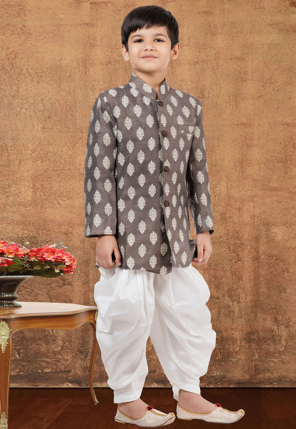 Brown Jacquard Silk Kids Indo Western Suit 265246