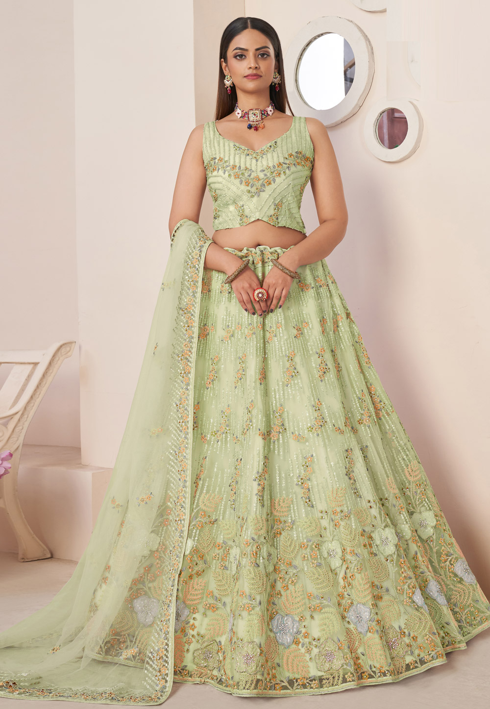 Buy Parrot green satin silk wedding Lehenga Choli - fealdeal