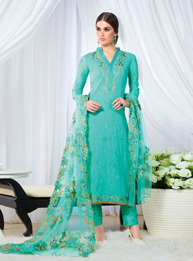 Aqua Georgette Pakistani Style Suit 74140