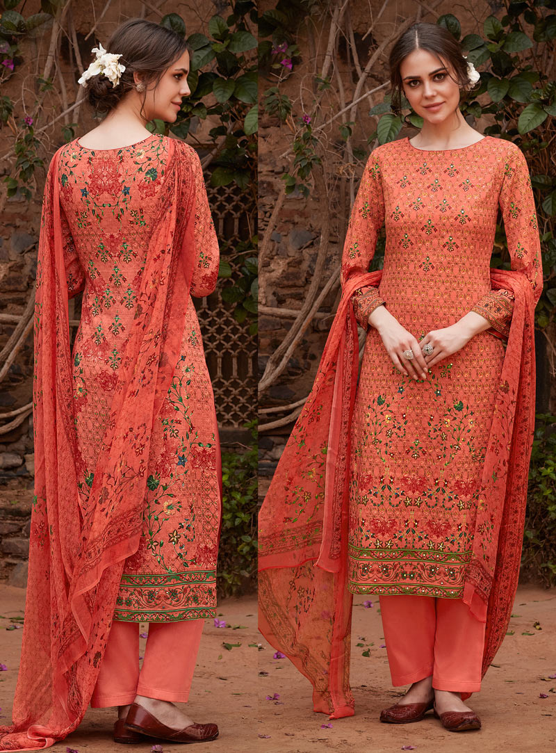 Peach Cotton Pakistani Style Suit 129005