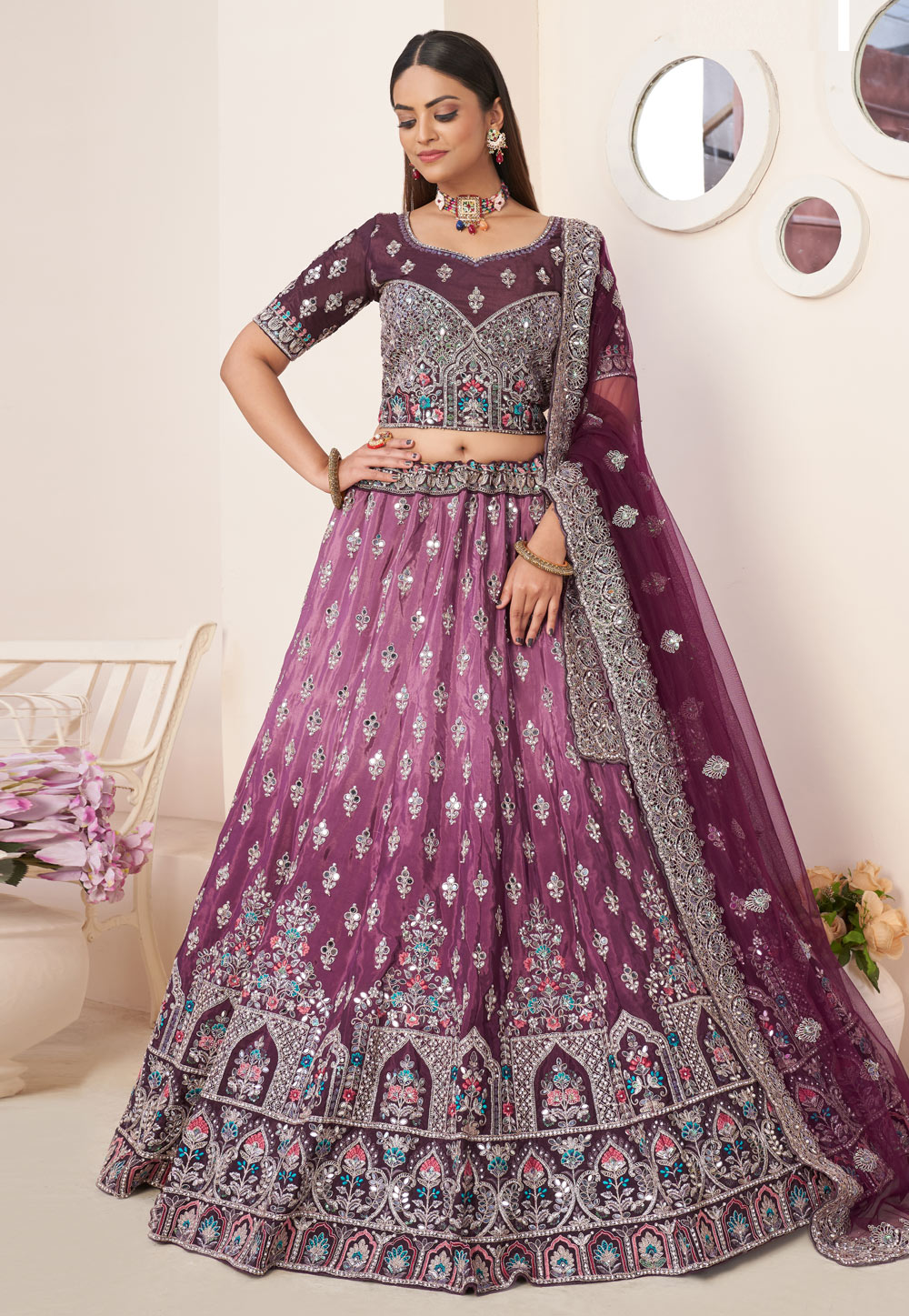 Wedding Wear Semi Stitched Raspberry Pink Mirror Work Lehenga Choli, 2.25m  at Rs 3199 in Surat