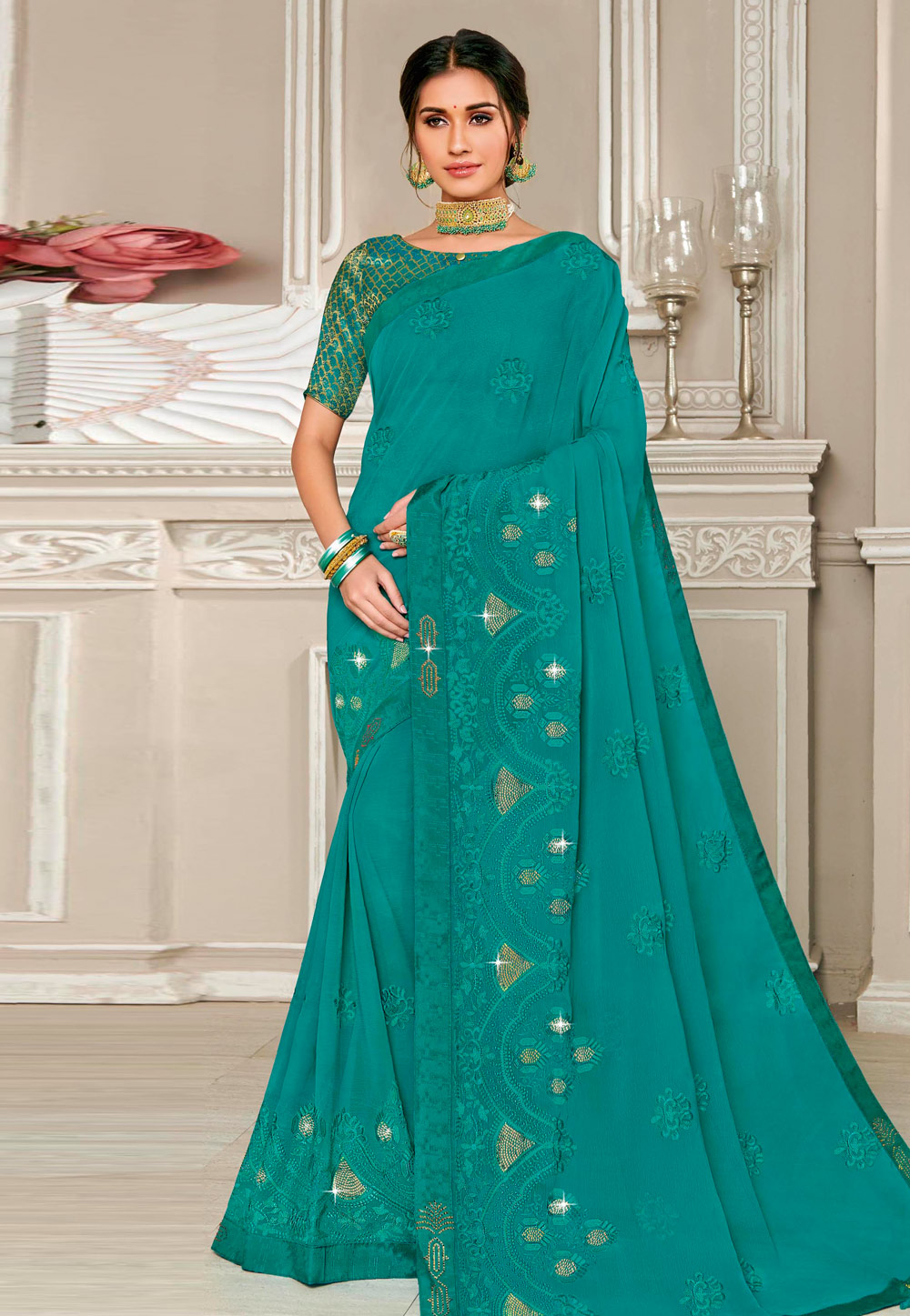 Teal Green Georgette Saree With Blouse 193357