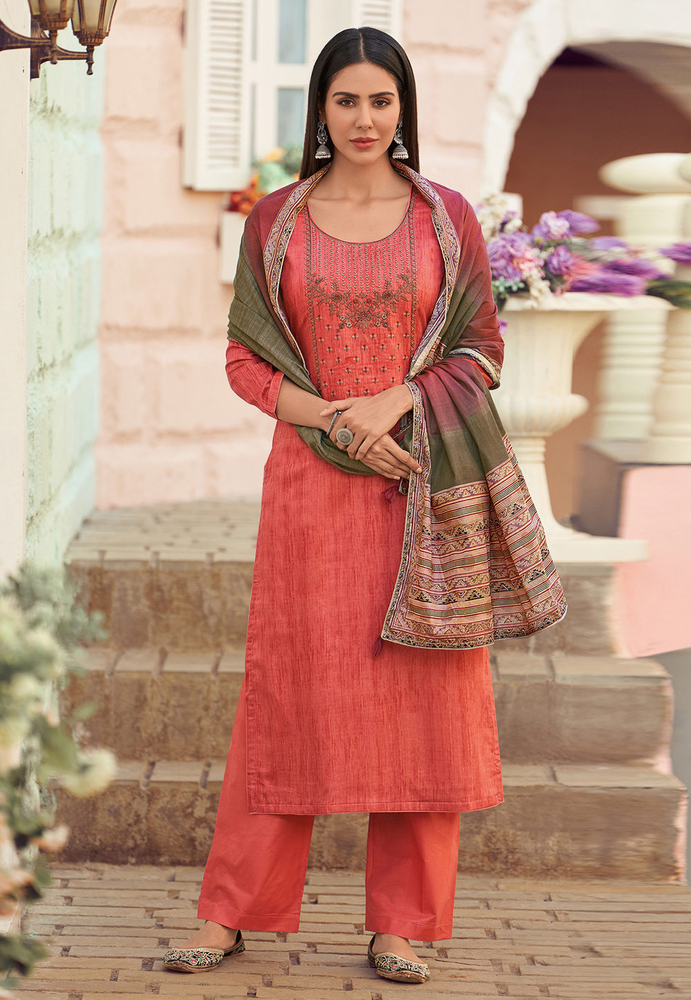 Coral Pink Cotton Kameez With Palazzo 193470