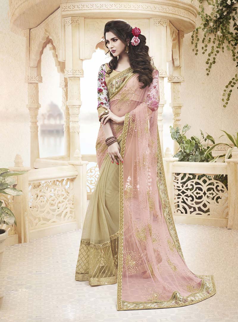 Pink Net Half and Half Saree With Blouse 61869