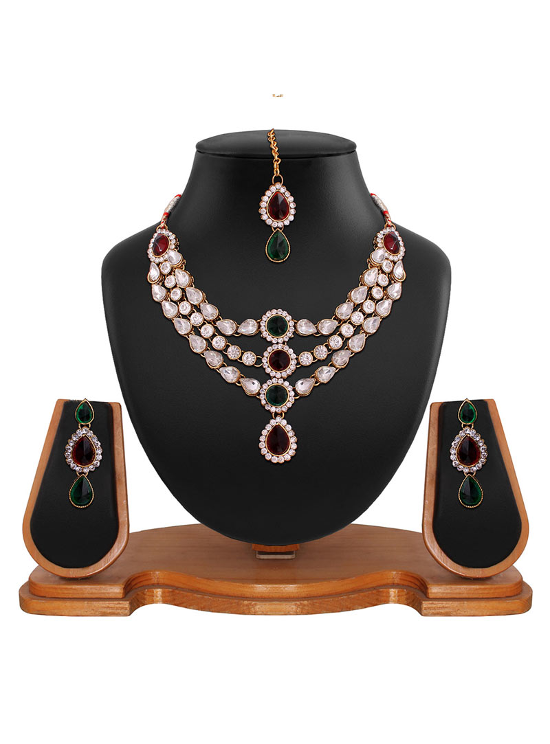 Maroon Alloy Austrian Diamonds Necklace With Earrings and Maang Tikka 74026
