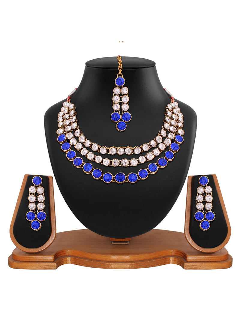 Blue Alloy Kundan Necklace With Earrings and Maang Tikka 74028