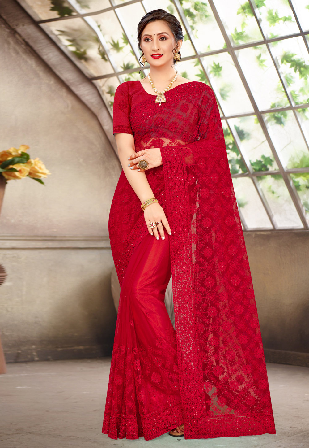 Red Net Saree With Blouse 228098