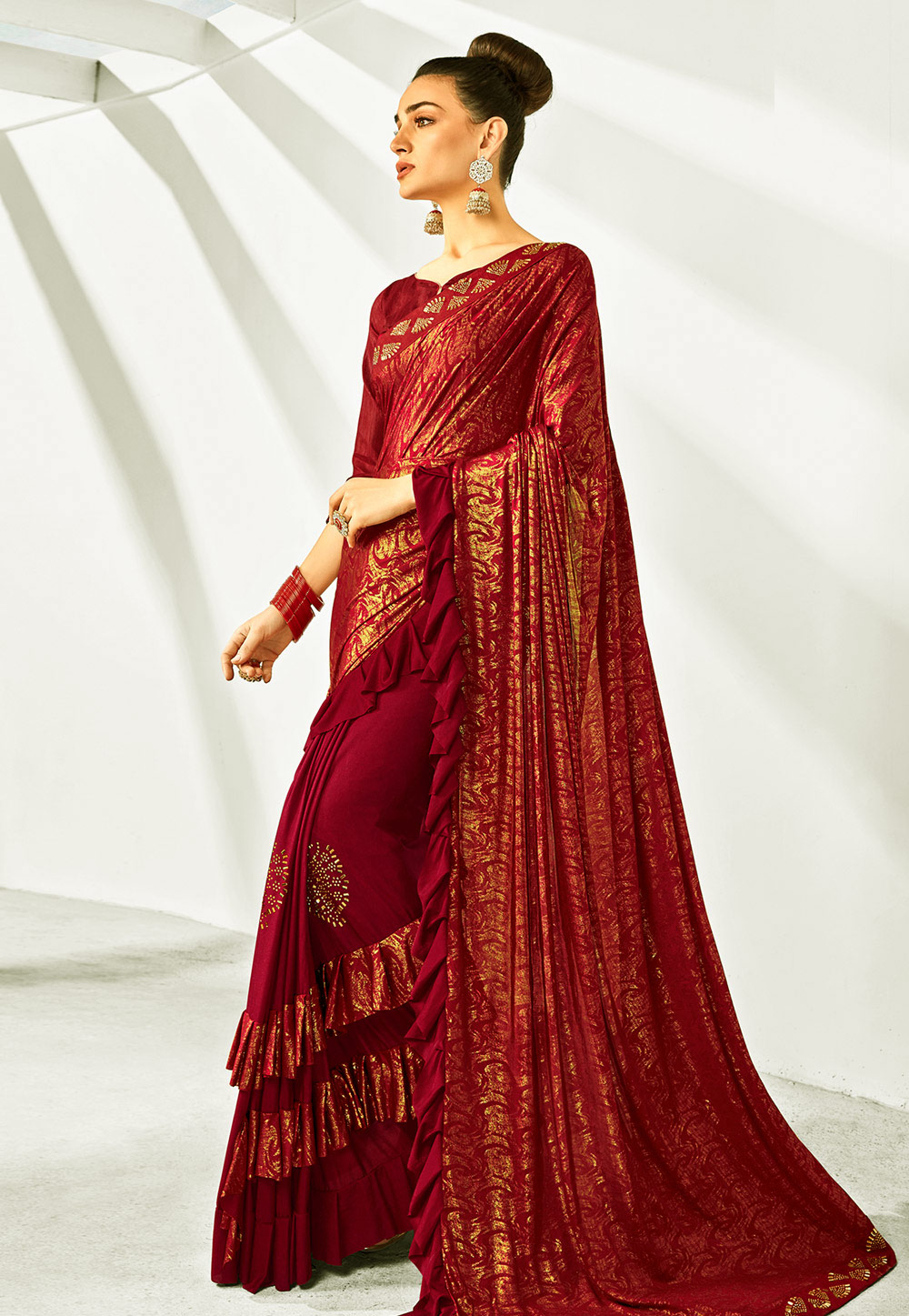 Maroon Lycra Saree With Blouse 197704