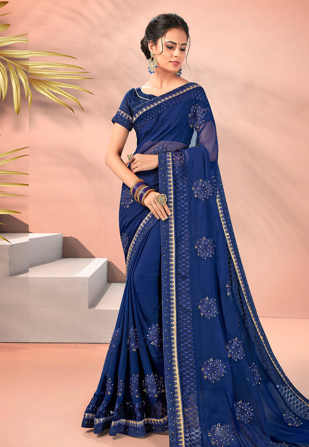 Navy Blue Georgette Saree With Blouse 193757