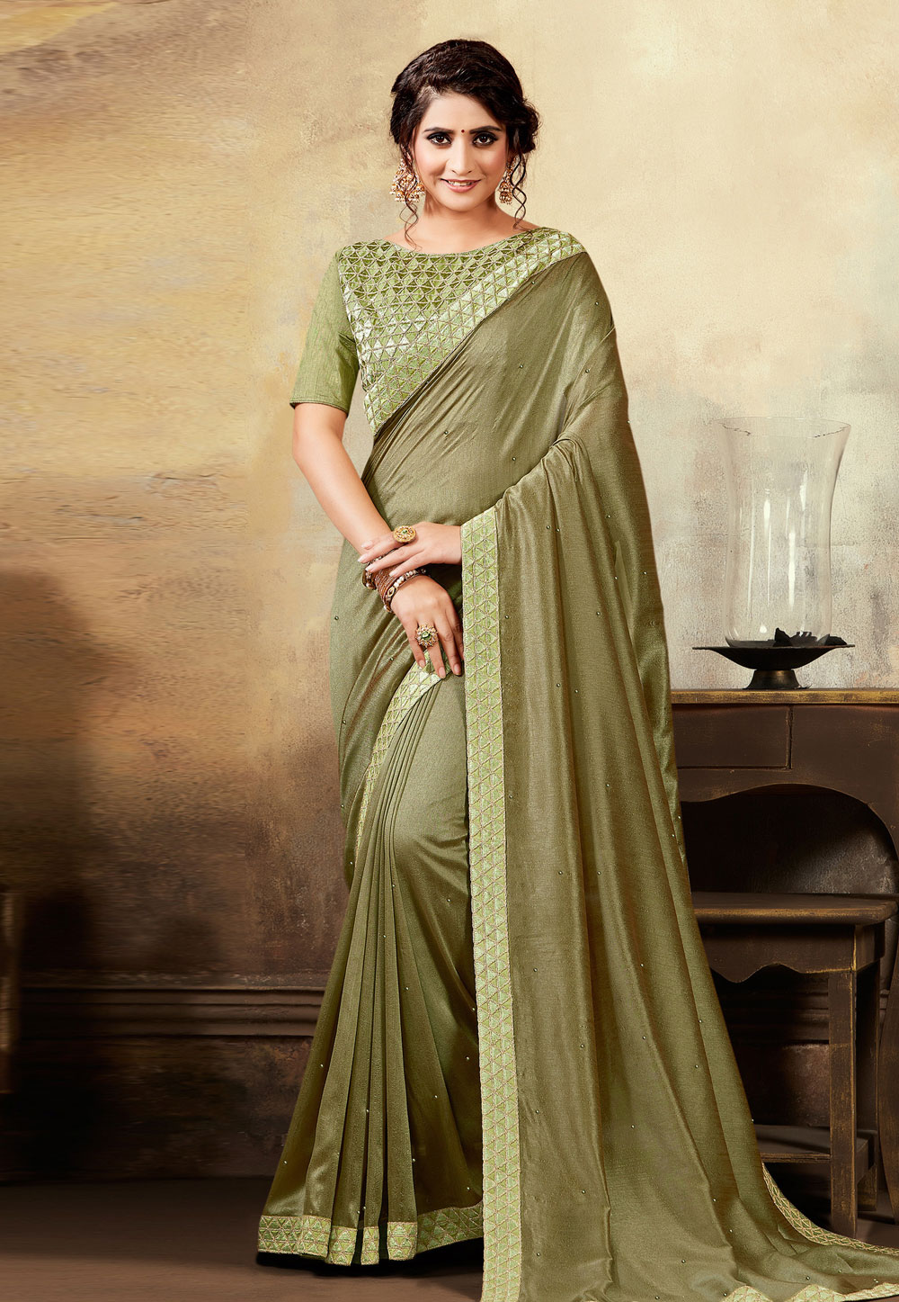 Olive Green Silk Saree With Blouse 193775