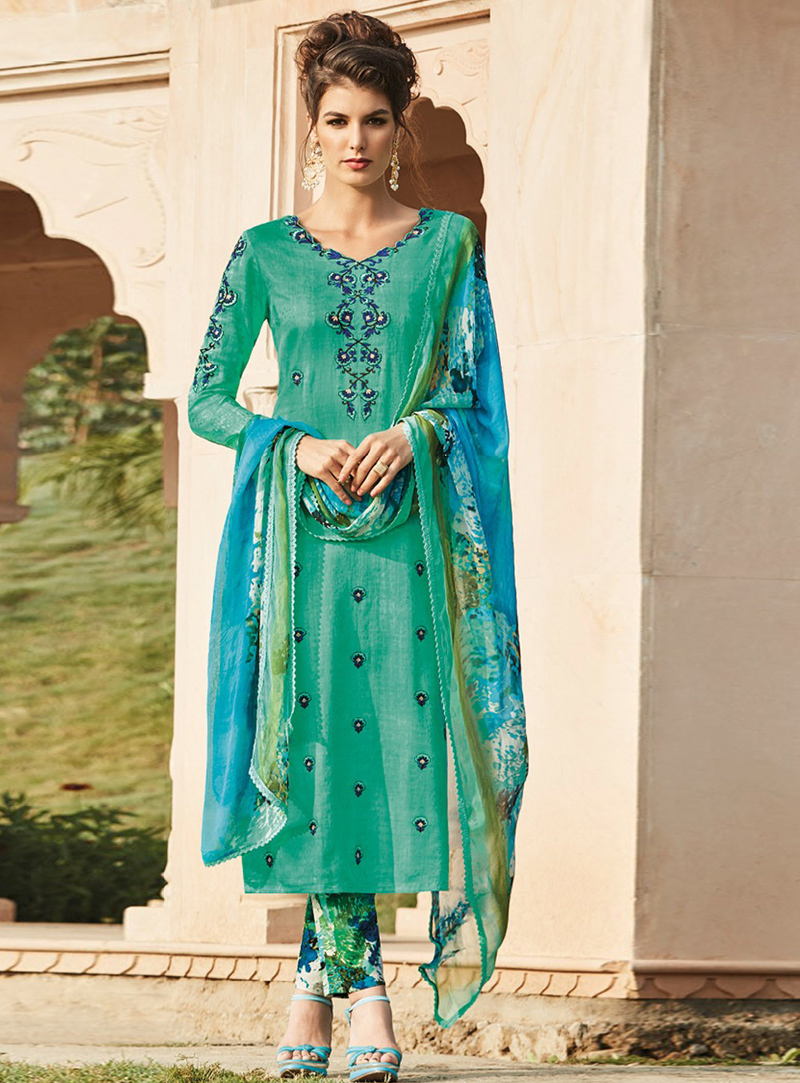 Sea Green Cotton Straight Cut Pant Style Suit 93006