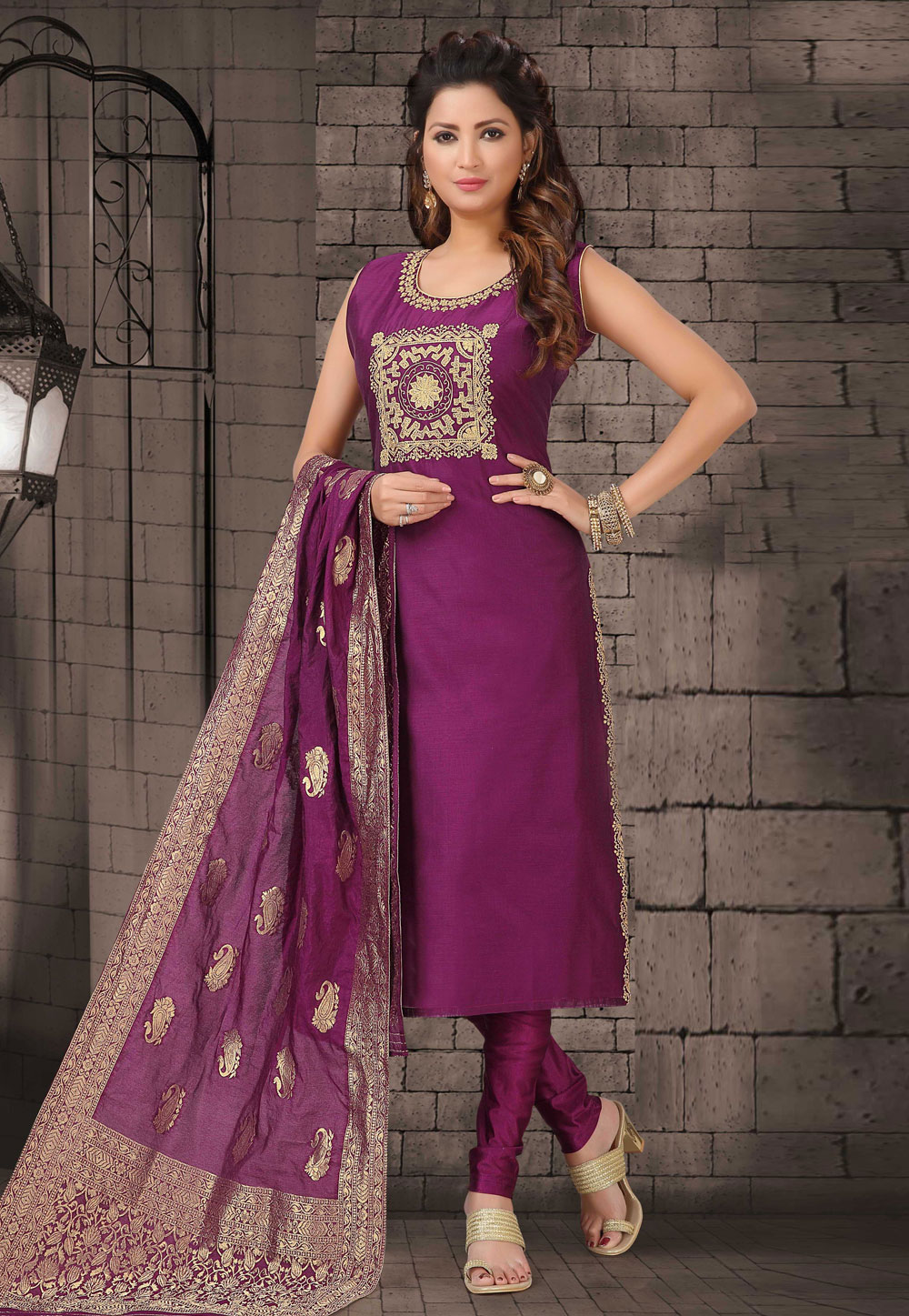 Purple Bhagalpuri Readymade Churidar Suit 193609