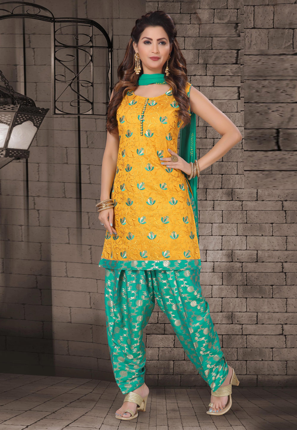 Yellow Chanderi Readymade Punjabi Suit 193647