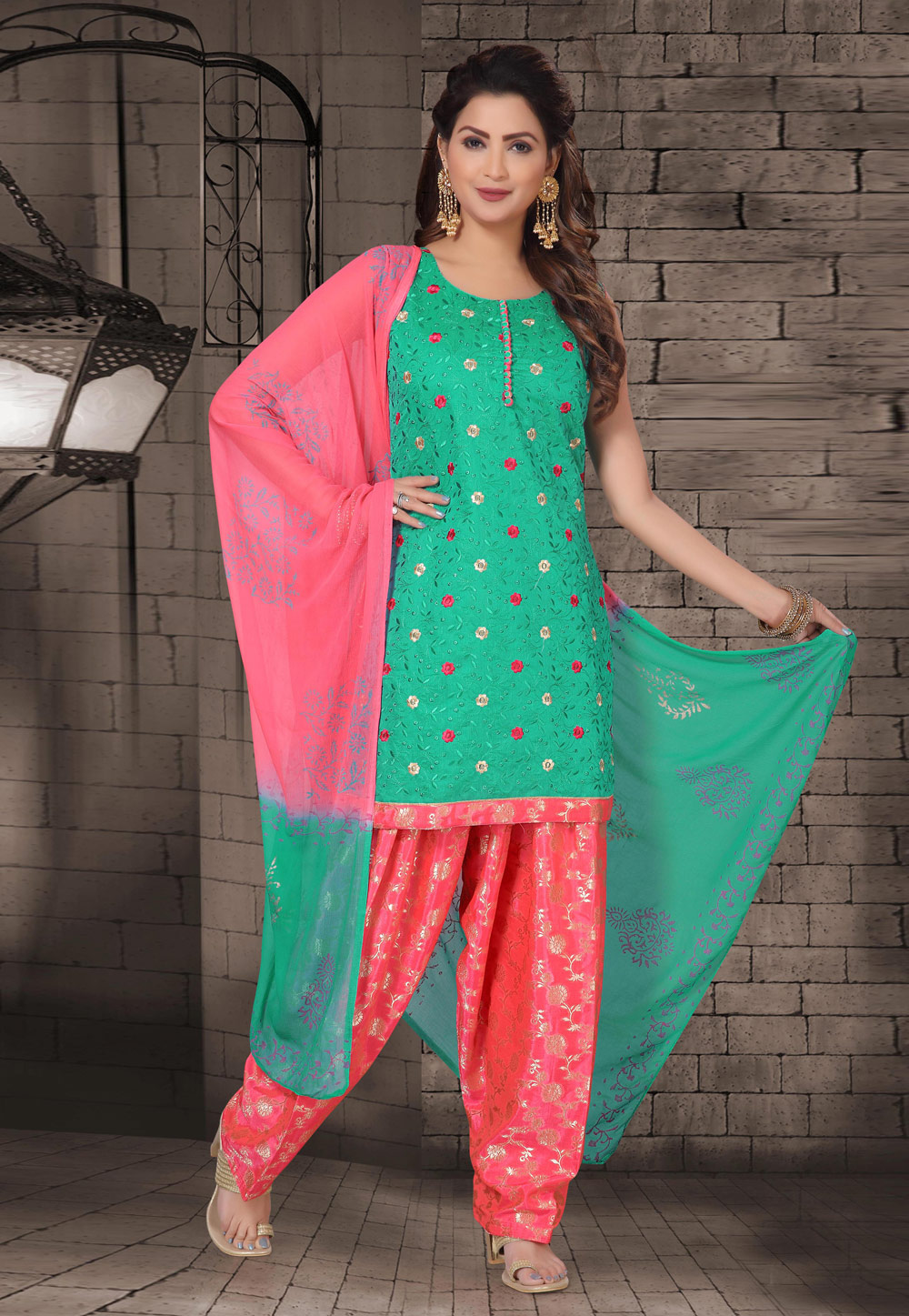Turquoise Chanderi Readymade Patiala Suit 193652