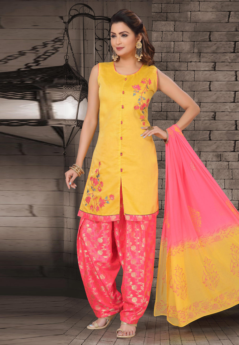 Yellow Chanderi Readymade Patiala Suit 193656