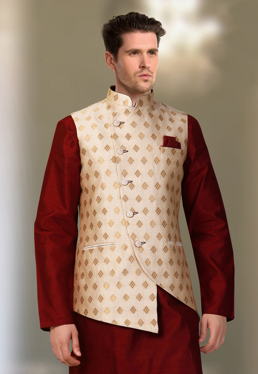Solid Color Cotton Nehru Jacket in Red : MLC2038
