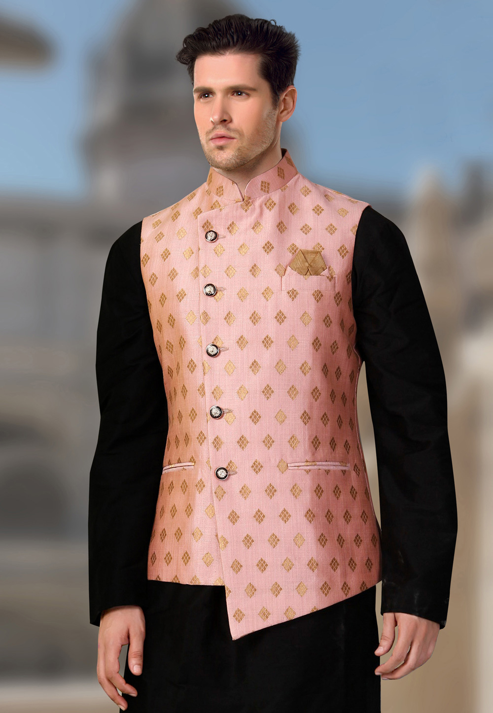 Pink Brocade Readymade Nehru Jacket 193807