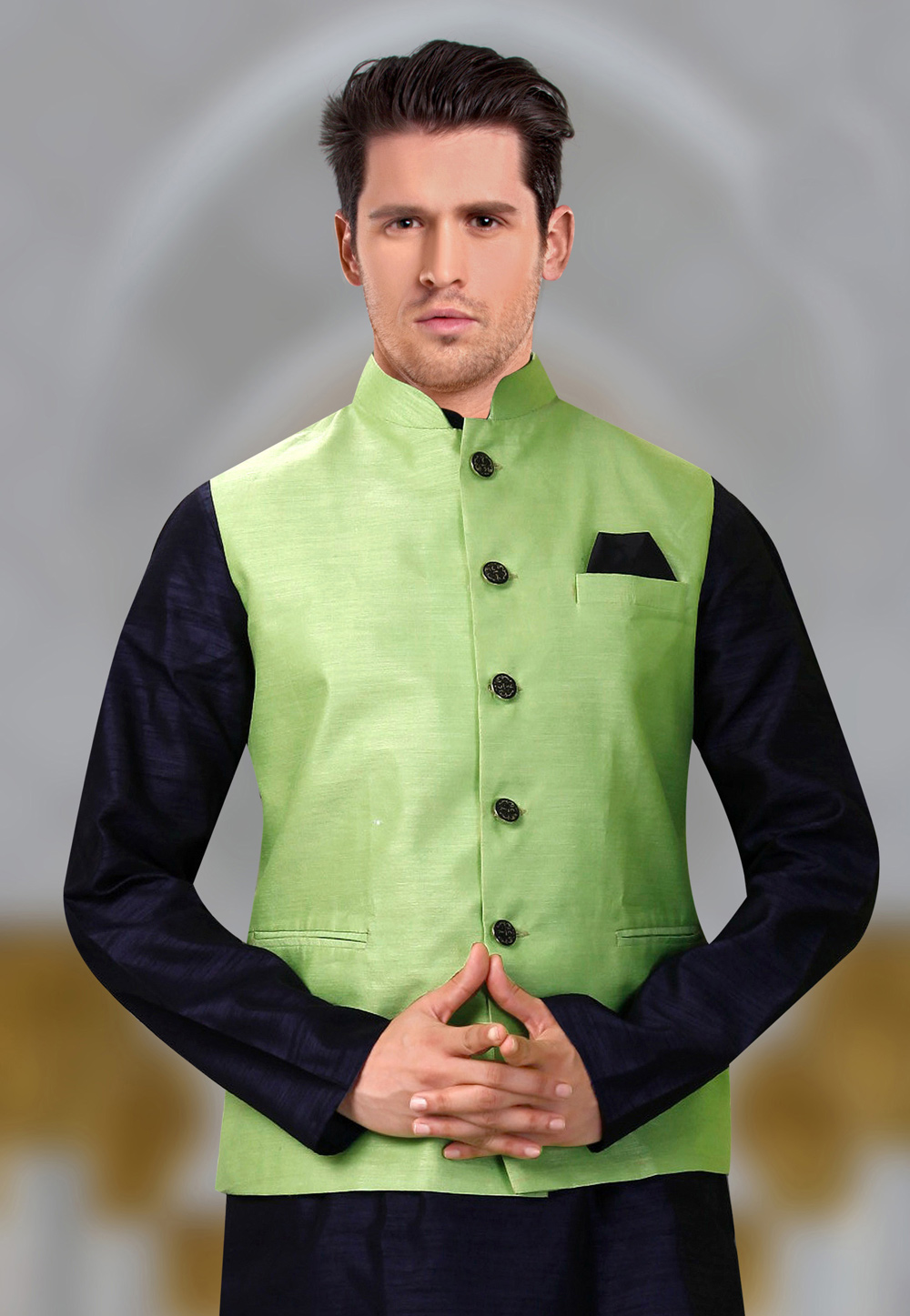 Light Green Silk Readymade Nehru Jacket 193813