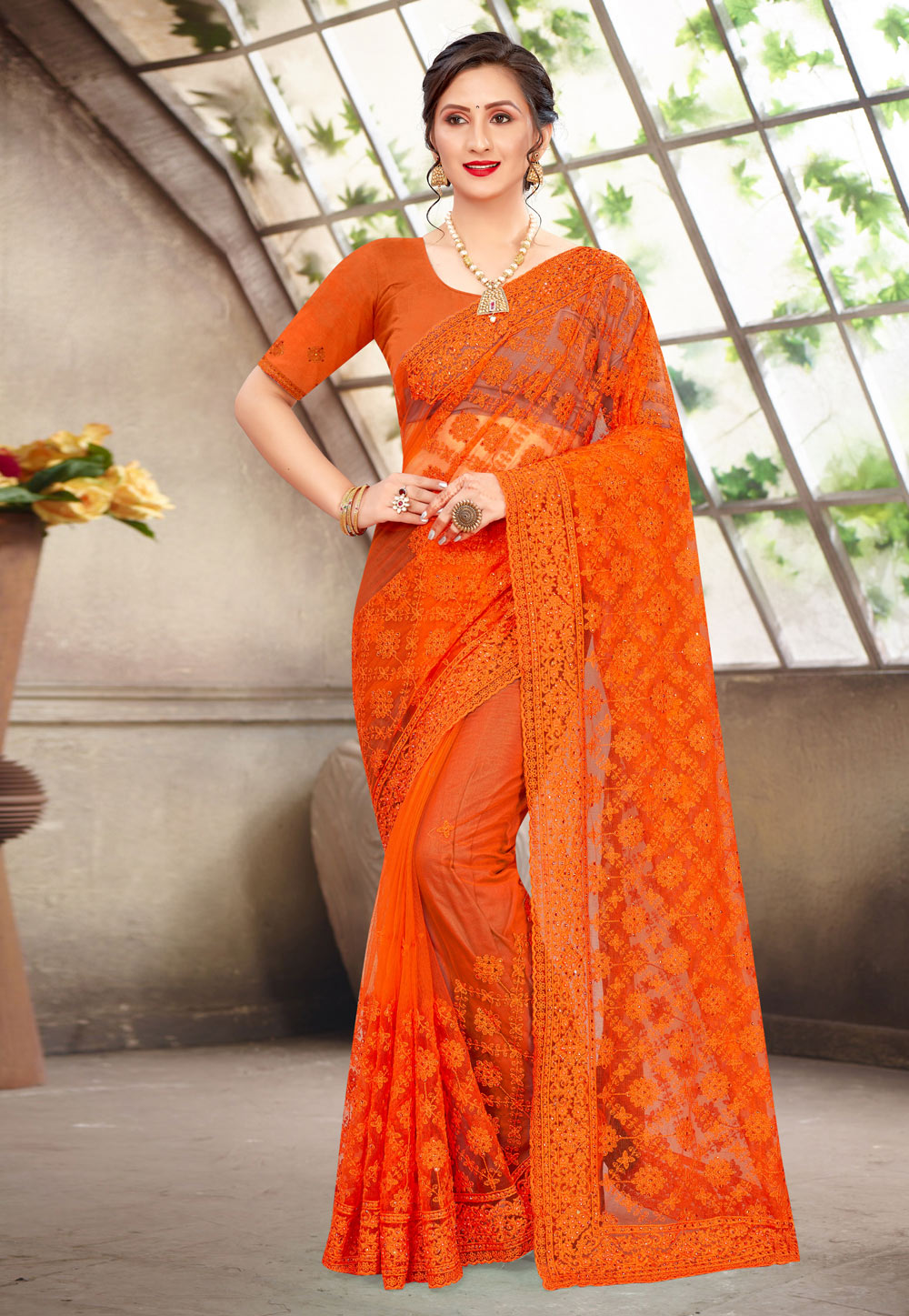 Orange Net Festival Wear Saree 228101