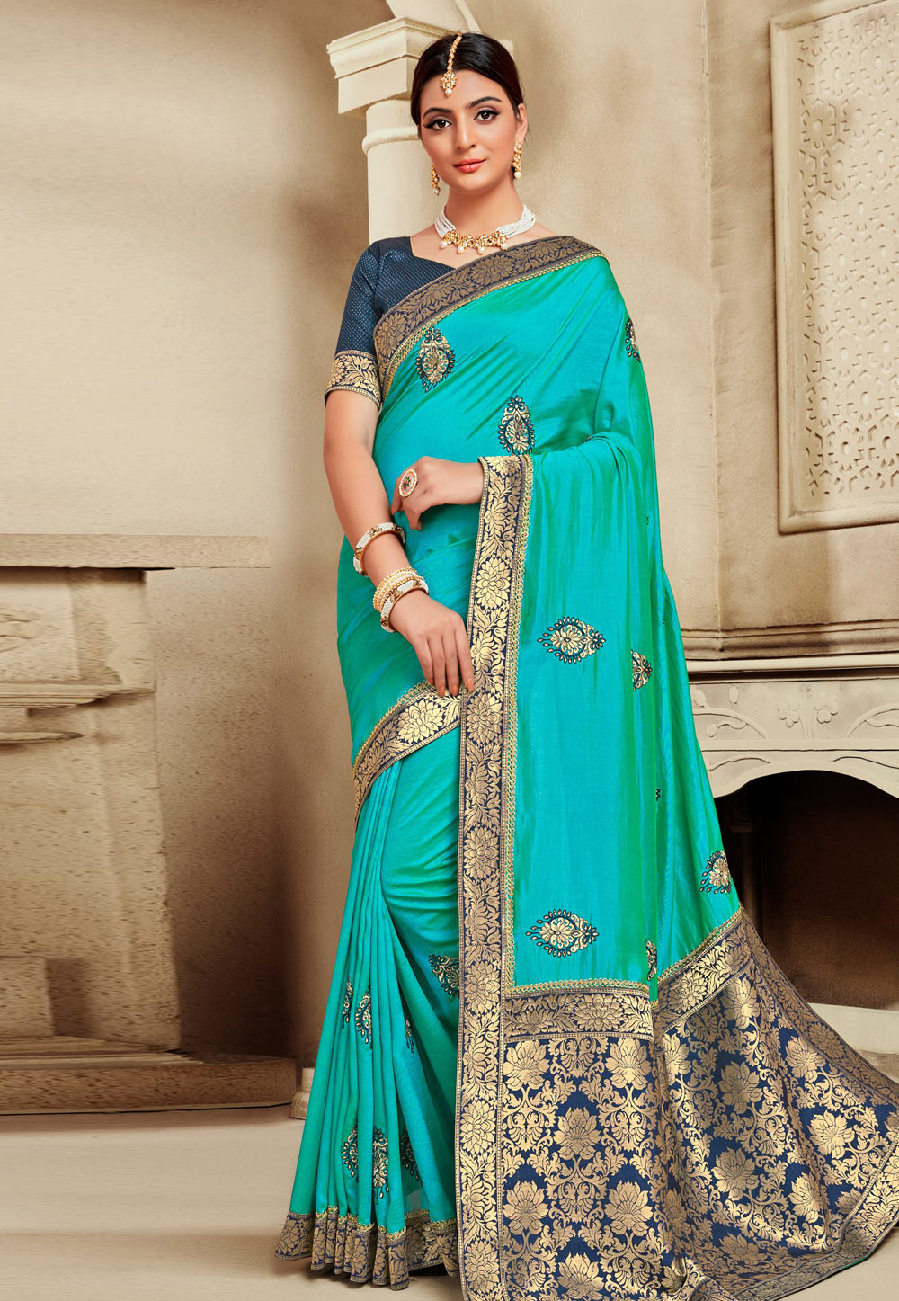Turquoise Silk Saree With Blouse 193842