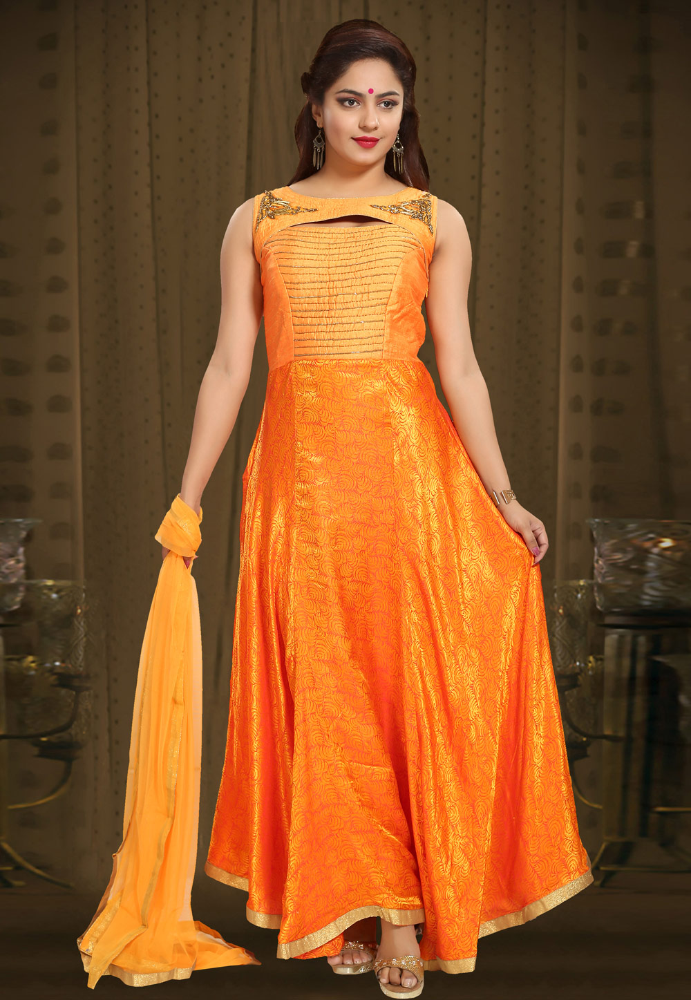 Orange Banarasi Silk Readymade Long Anarkali Suit 194207