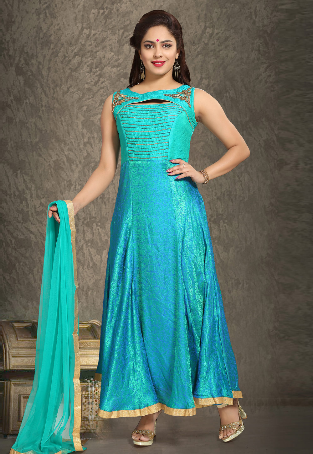 Aqua Banarasi Silk Readymade Abaya Style Anarkali Suit 194208