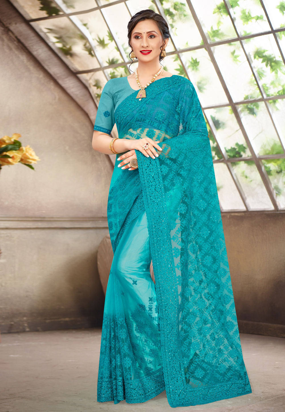 Sky Blue Kanchipuram Lichi Silk Saree with brocade blouse