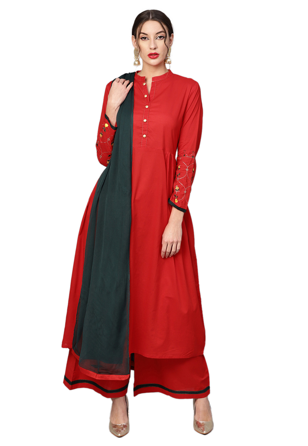 Red Pure Cotton Readymade Palazzo Suit 200724