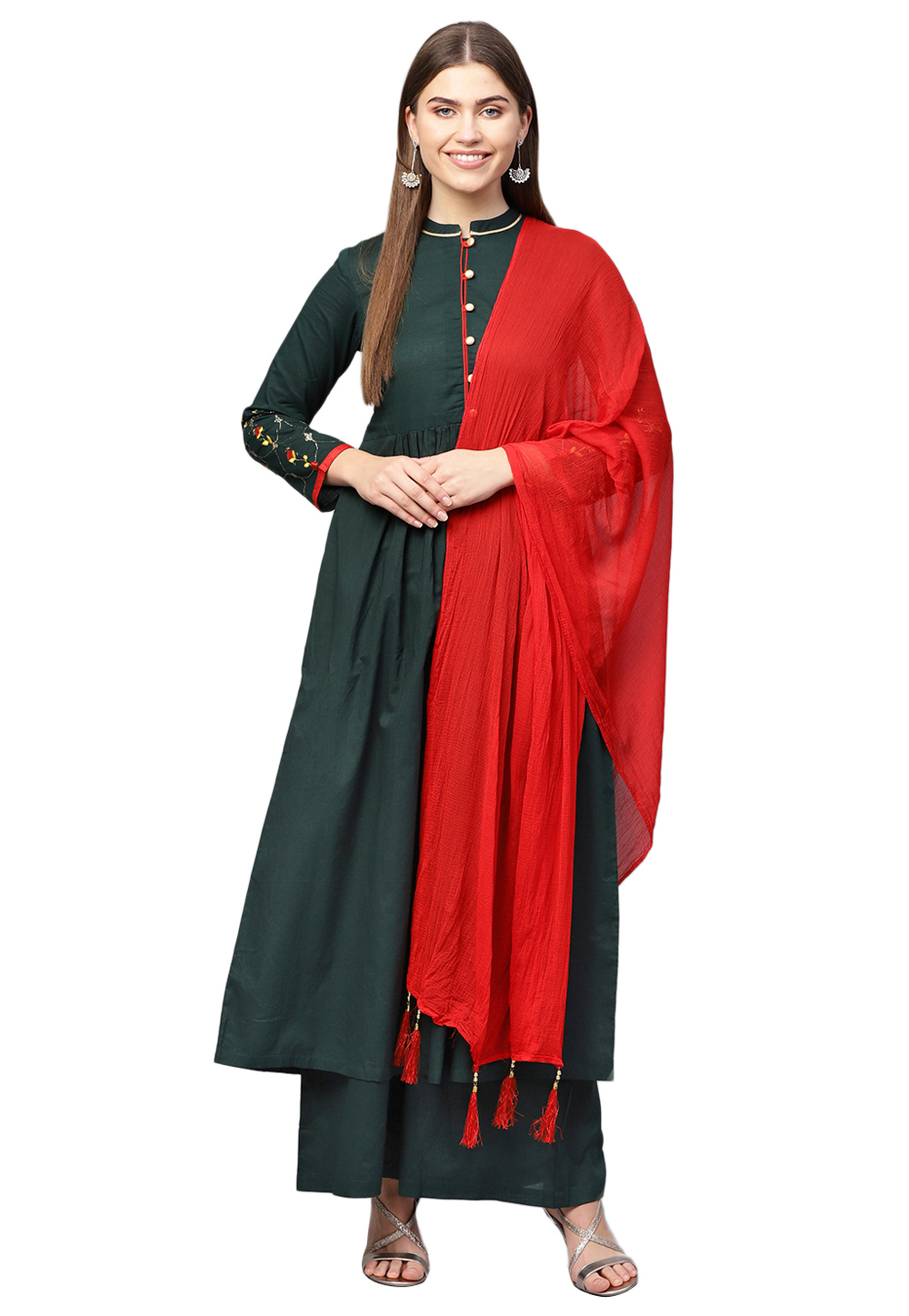 Dark Green Pure Cotton Readymade Kameez With Palazzo 200725