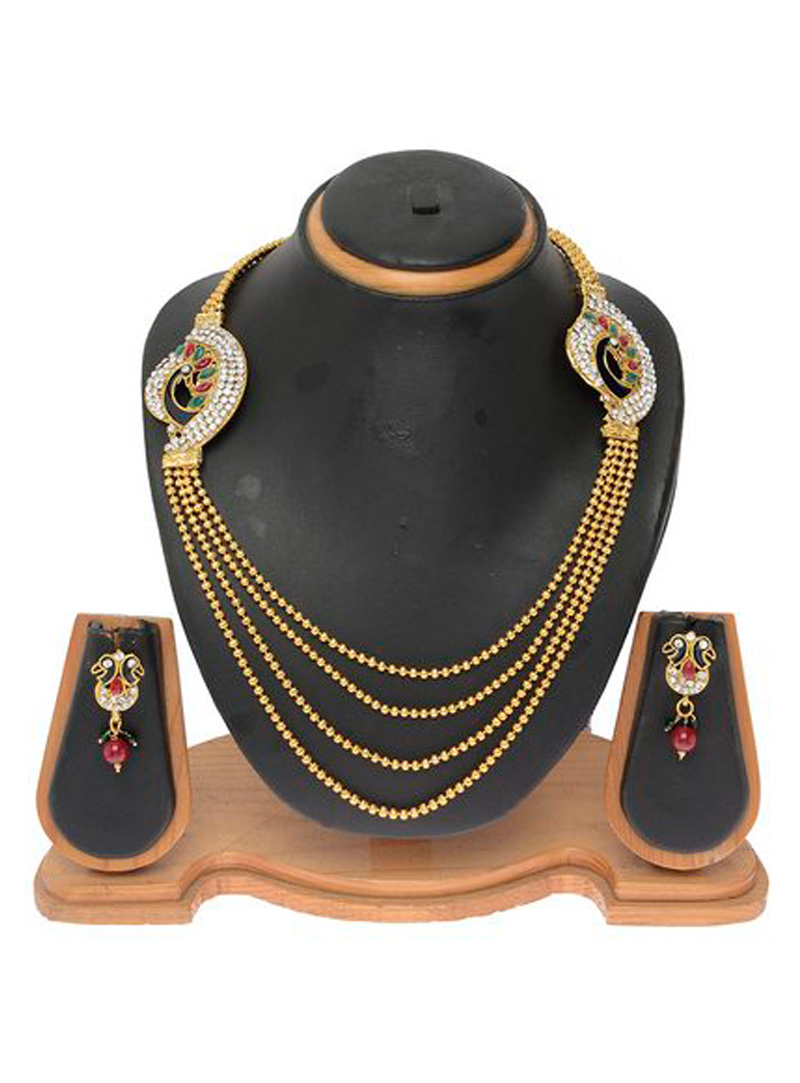 Golden Alloy Austrian Diamond Necklace With Earrings 103694