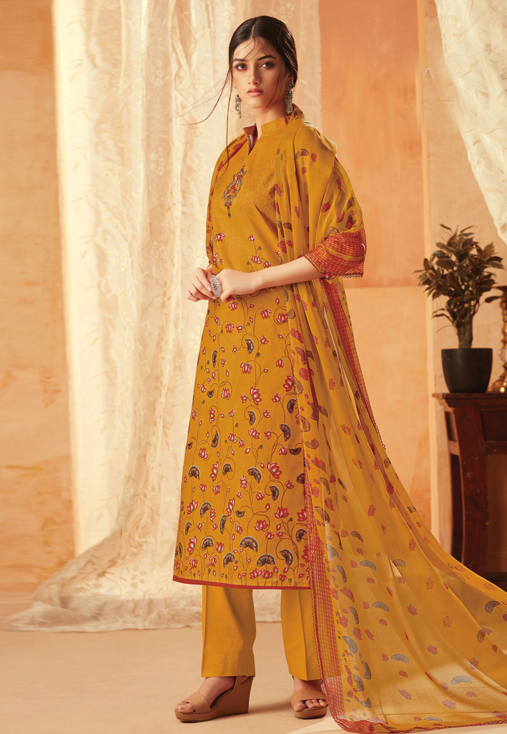 Mustard Cotton Cambric Kameez With Pant 194617