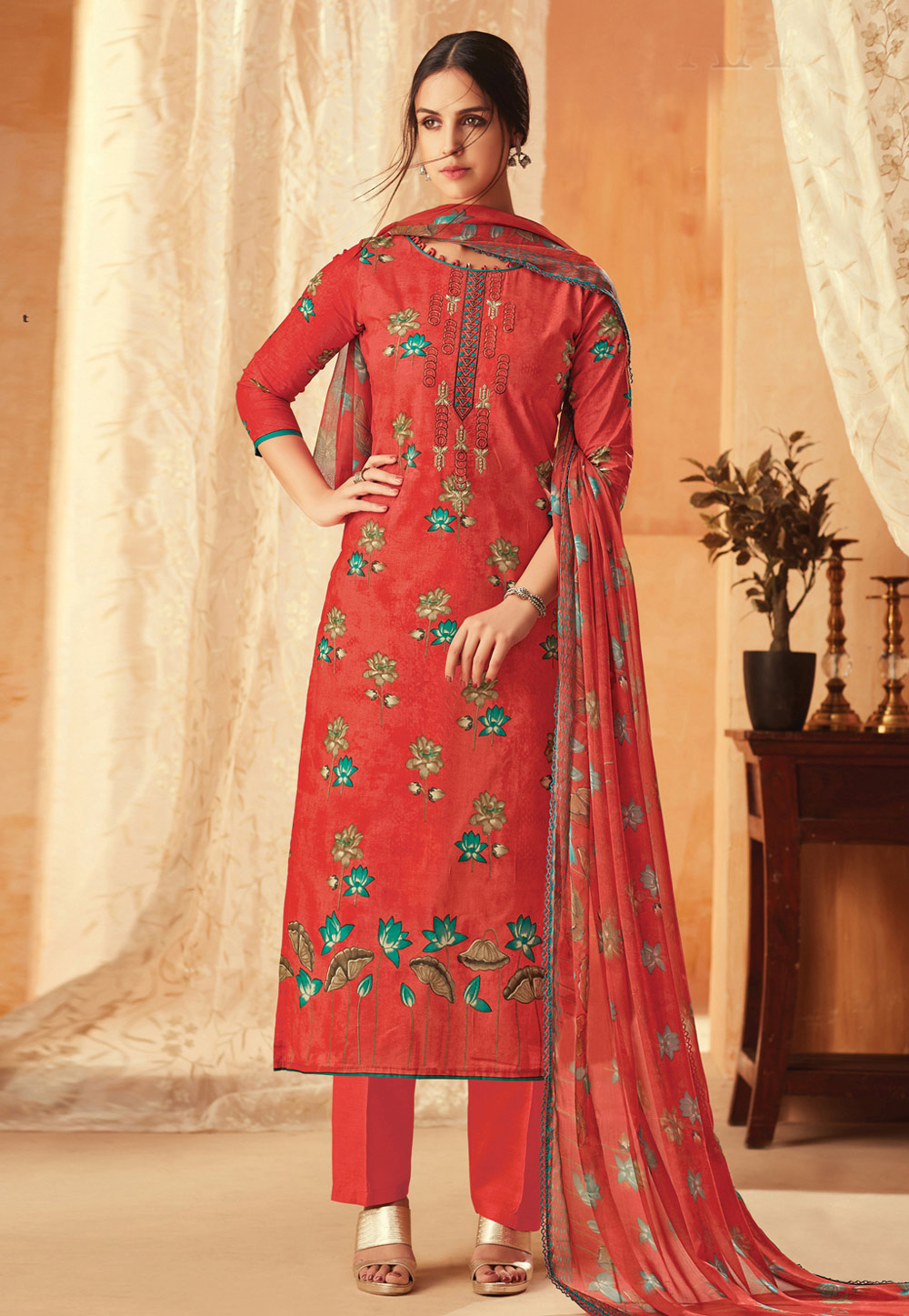 Red Cotton Cambric Kameez With Pant 194619