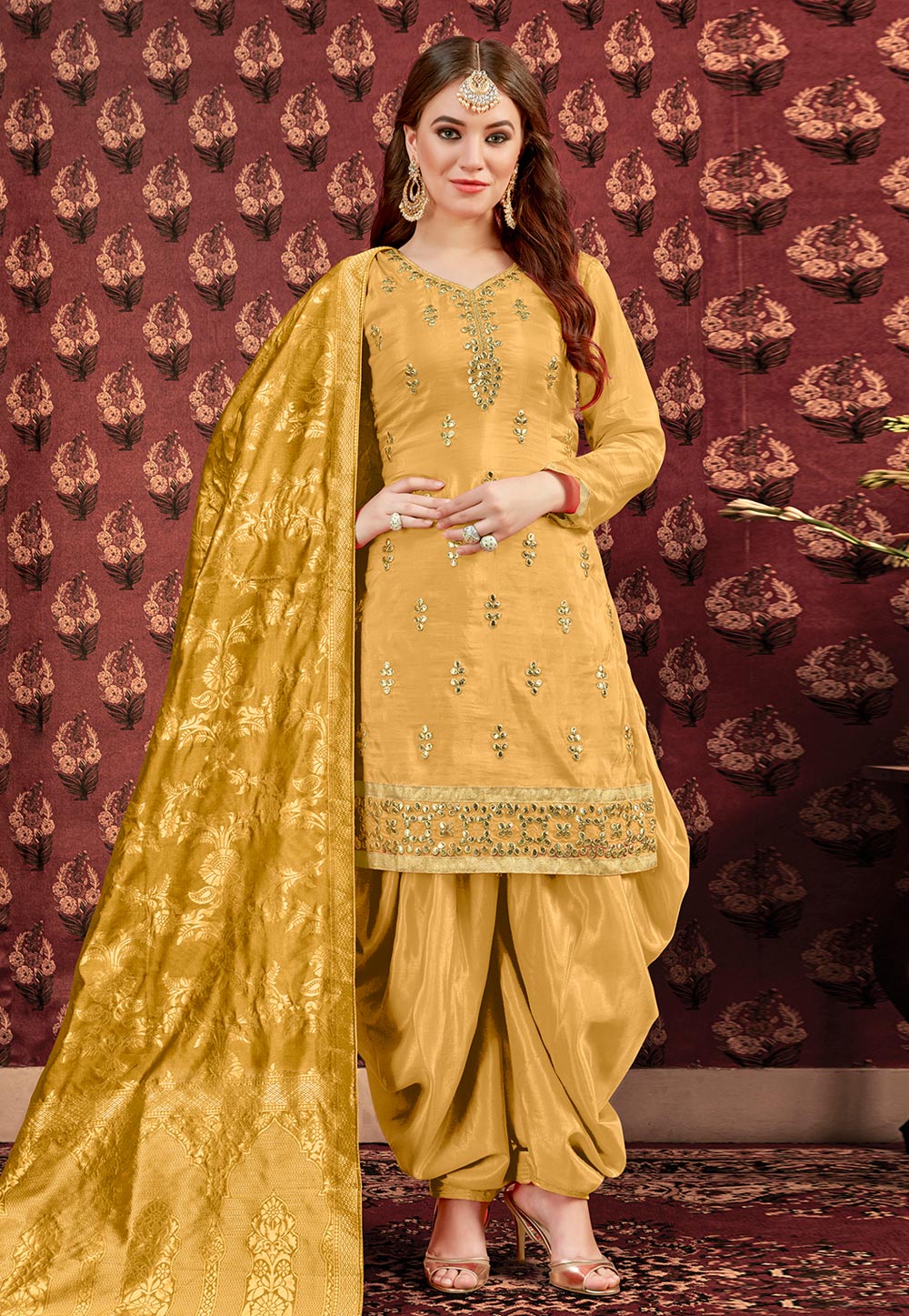 Yellow Viscose Embroidered Punjabi Suit 176421