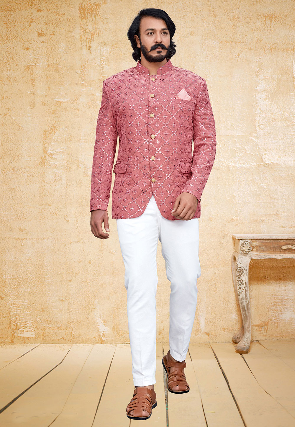Pink Velvet Jodhpuri Suit 249731