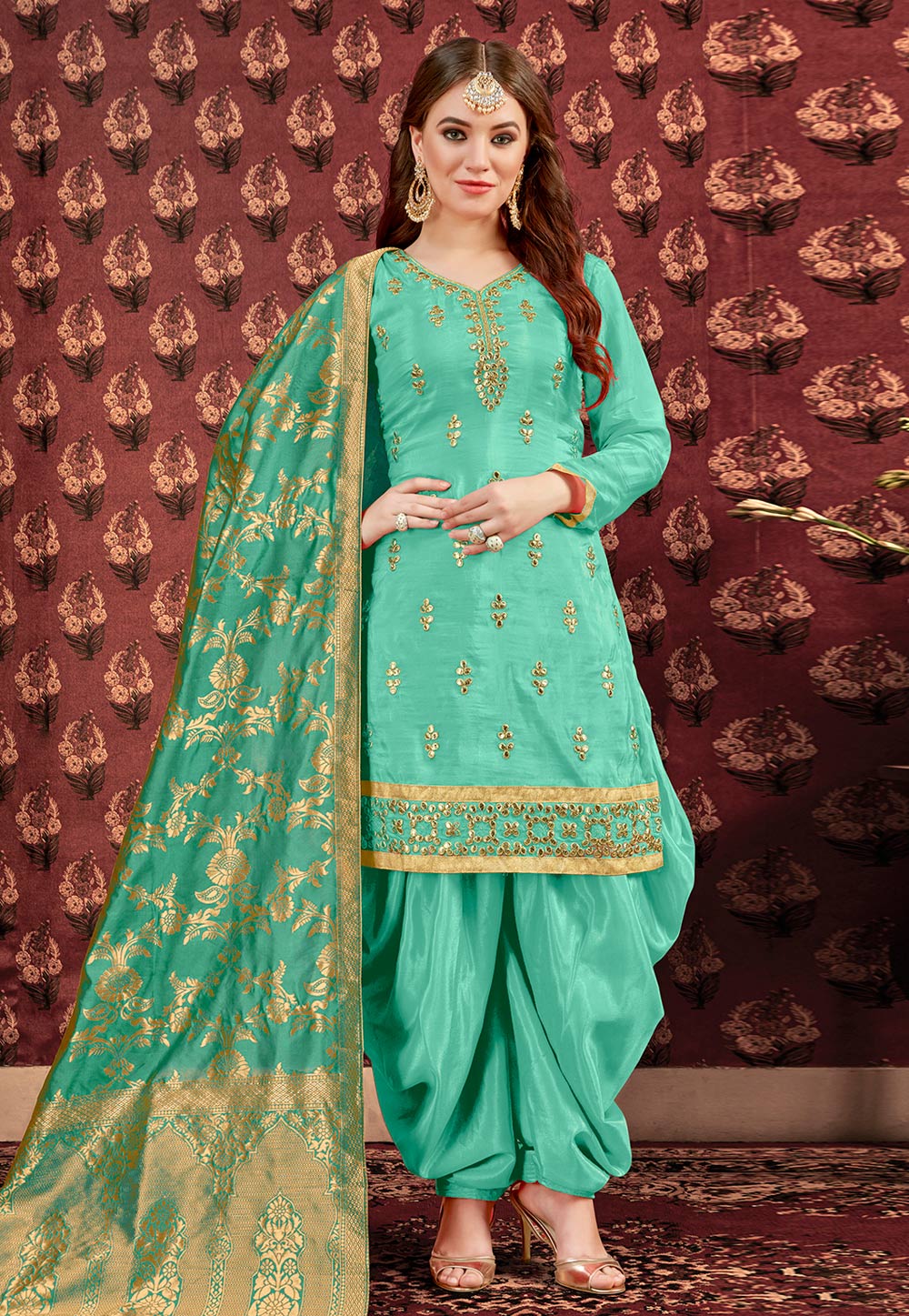 Sea Green Viscose Embroidered Patiala Suit 176422