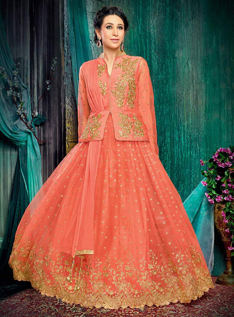 Karisma Kapoor Peach Net Designer Anarkali Suit 72628