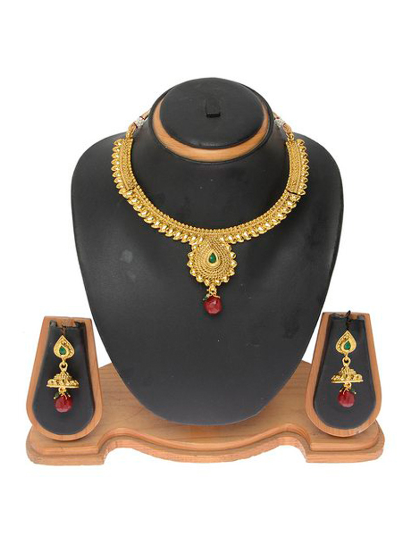 Golden Copper Kundan Necklace With Earrings 103701