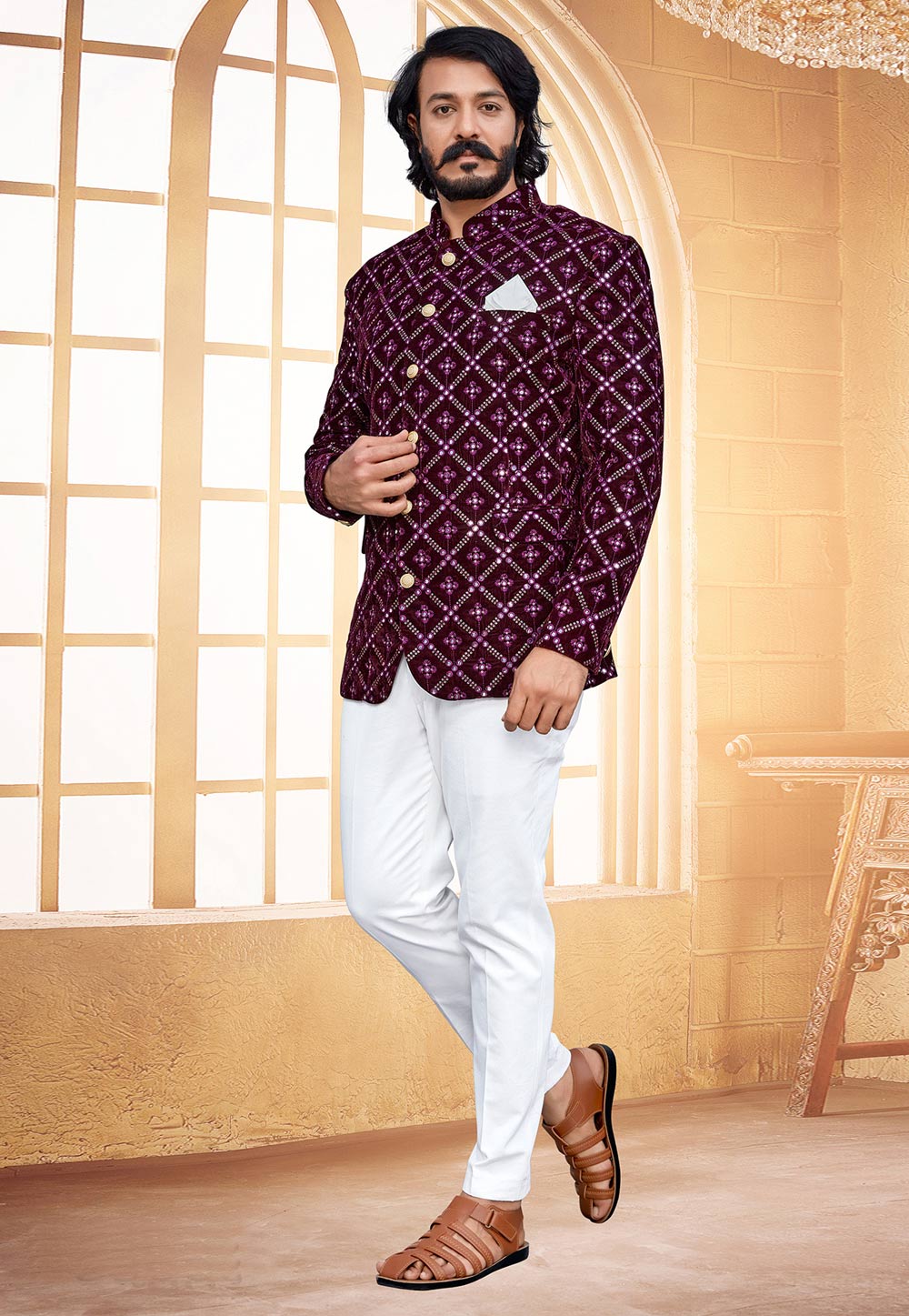Purple Velvet Jodhpuri Suit 249733