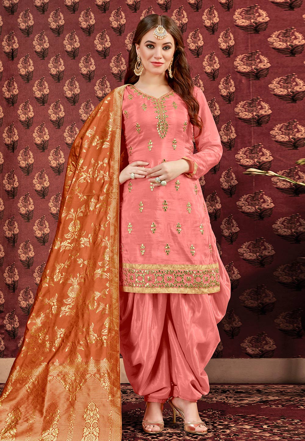 Pink Viscose Embroidered Patiala Suit 176424