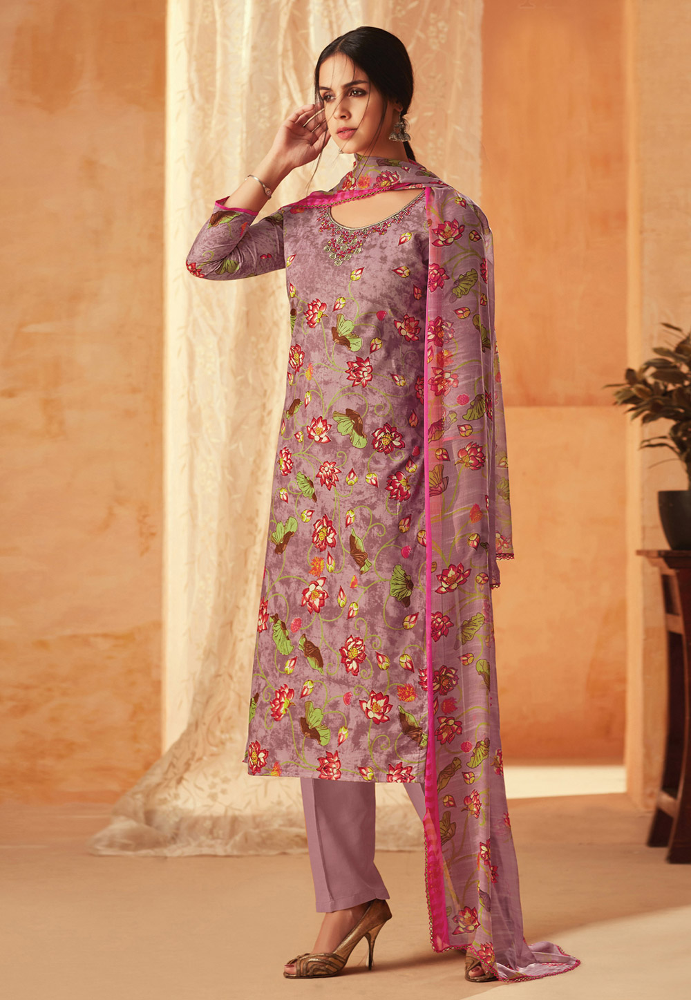 Pink Cotton Cambric Kameez With Pant 194623