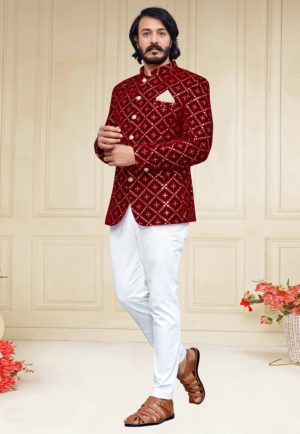 Maroon Velvet Jodhpuri Suit 249734