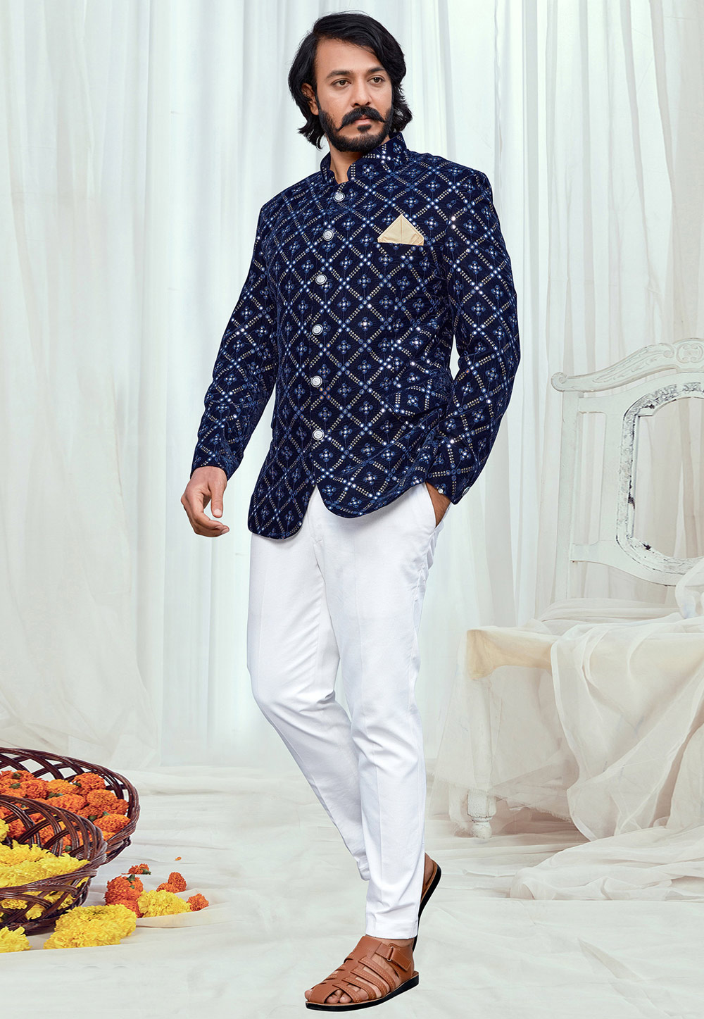 Navy Blue Velvet Jodhpuri Suit 249735