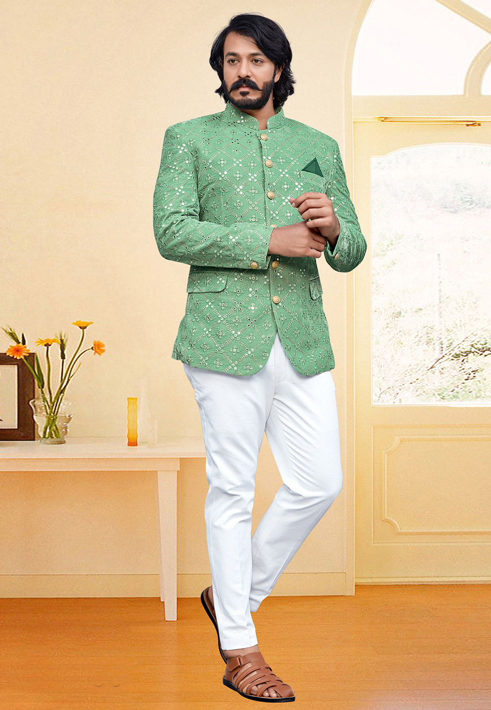 Pista Green Velvet Jodhpuri Suit 249736
