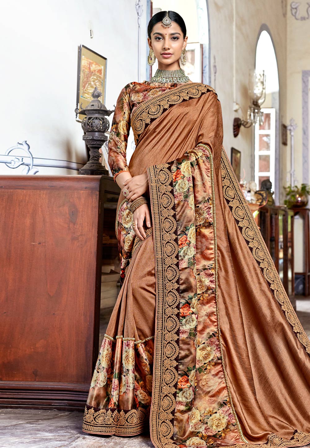 Brown Satin Festival Wear Saree 182825