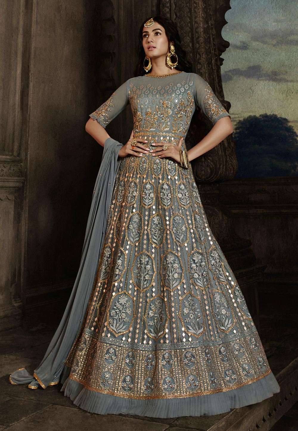 Sonal Chauhan Grey Net Abaya Style Anarkali Suit 218257